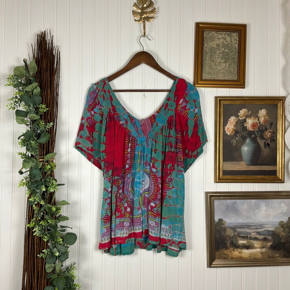 Greater Good Network Blouse Womens XL Red Tie Dye Excellent Boho Peasant Top
